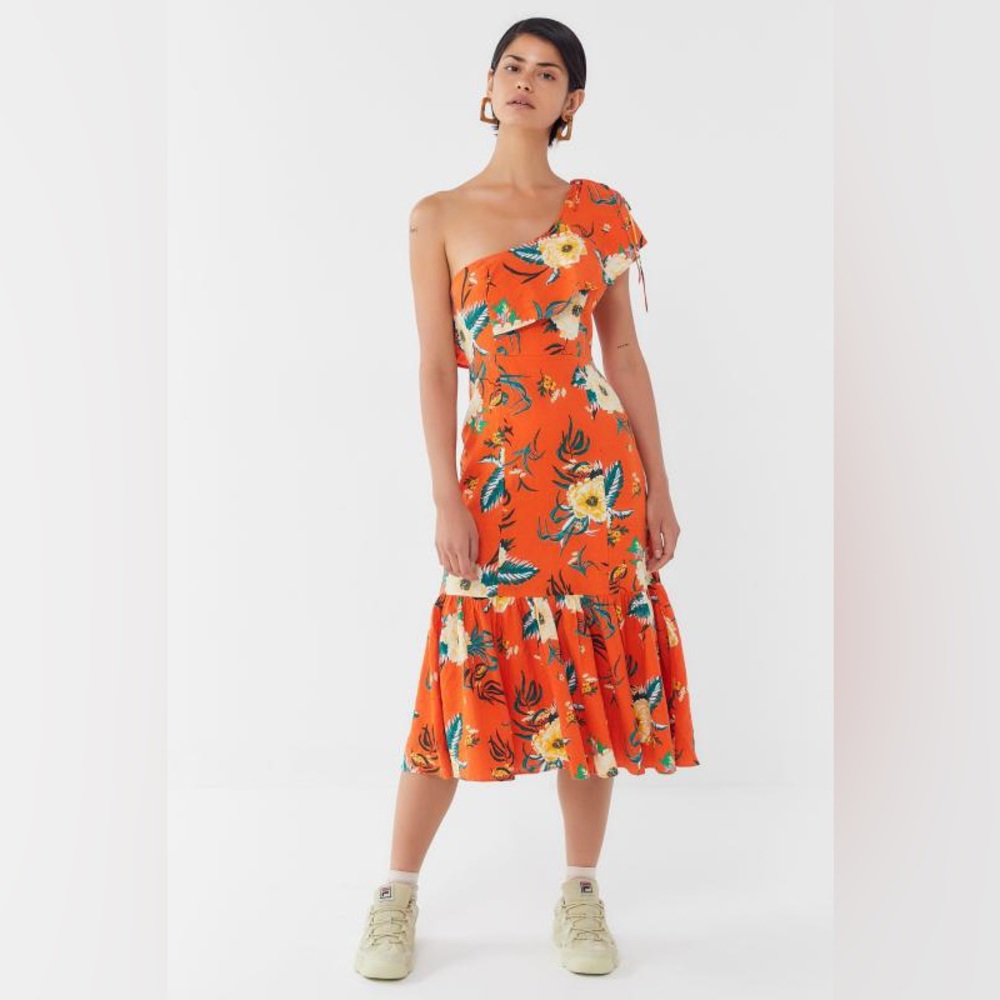 Urban Outfitters Carmen Linen One-Shoulder Floral Ruffle Midi Dress, size XS NWT